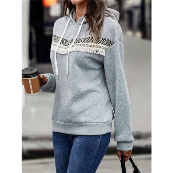 Fringe Detail Long Sleeve Drawstring Hoodie - Picture 15 of 16